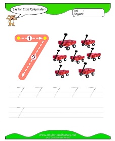 7 Rakamı Çizgi Çalışmaları Çalışma Sayfaları